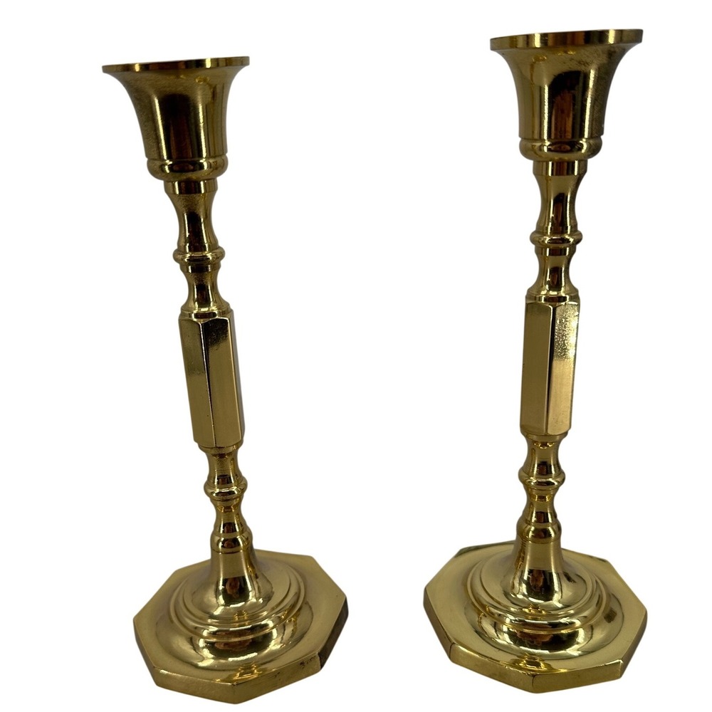 Vintage Solid Brass Candlestick Holders Pair Hexagon Base Gold Taper 7.5 Inch